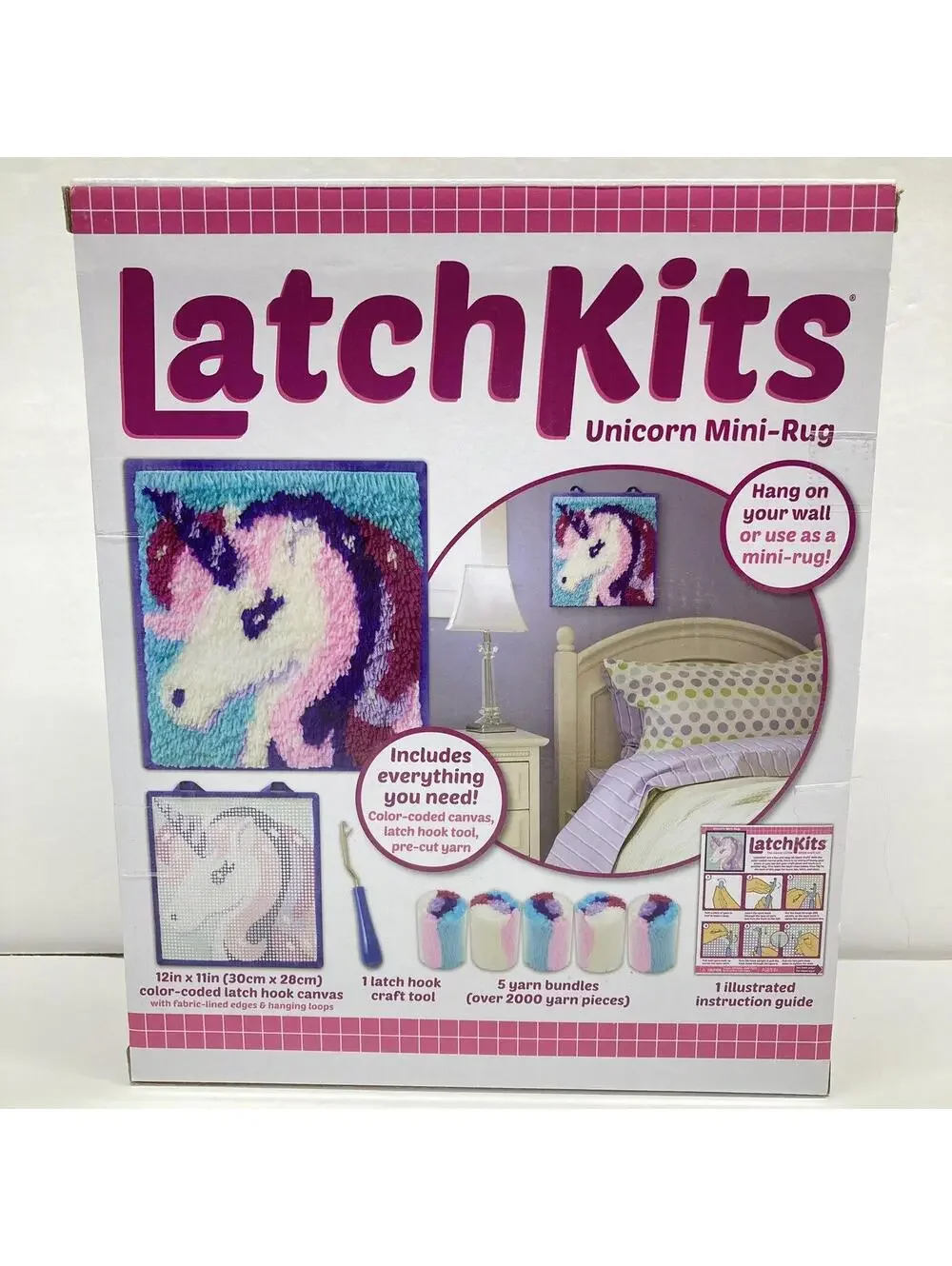 LatchKits Unicorn Mini-Rug Latch Hook Craft Kit 12x11 Color-Coded Canvas